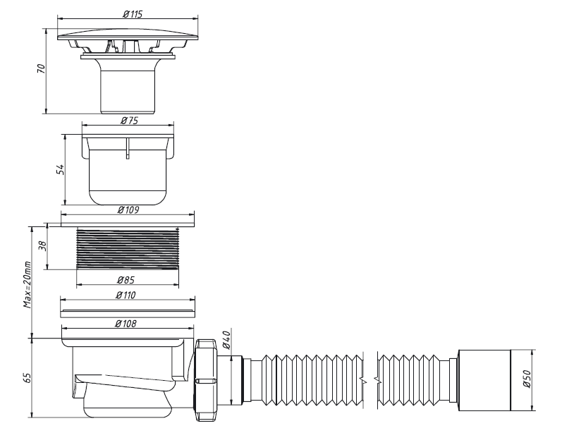 DX-912 ОРИО Сифон для душевого поддона, 1/2х90, высота h=65 мм, с гибкой трубой 40-50