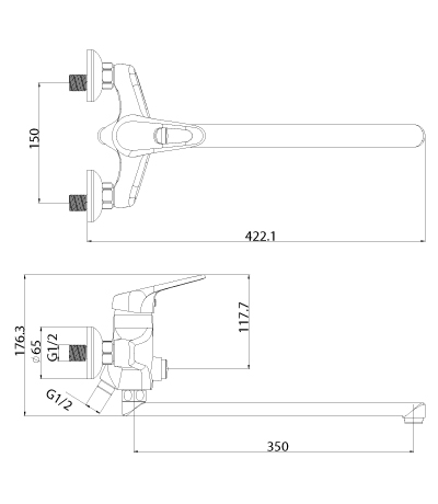 LM4157C Смеситель универс. плоск. излив 350мм, кноп. дивертор, с аксессуарами, хром LEMARK