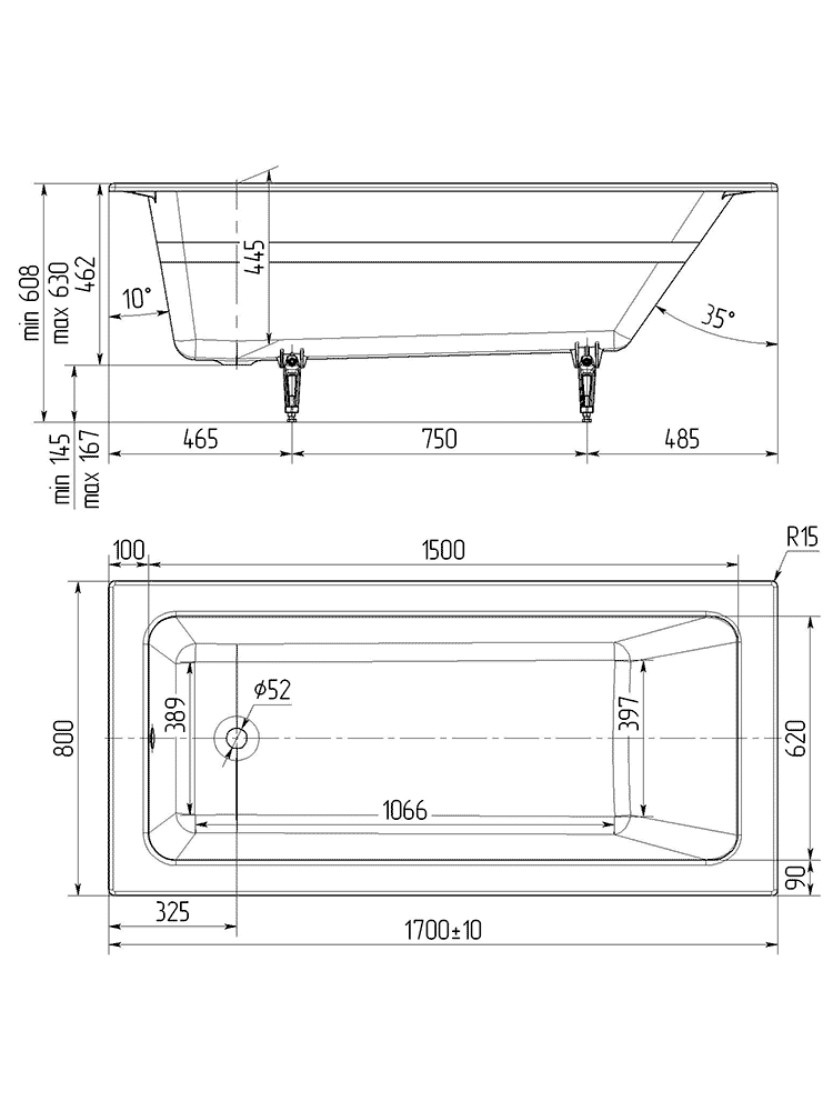 Wotte Line 1700х800х462 ванна чугунная