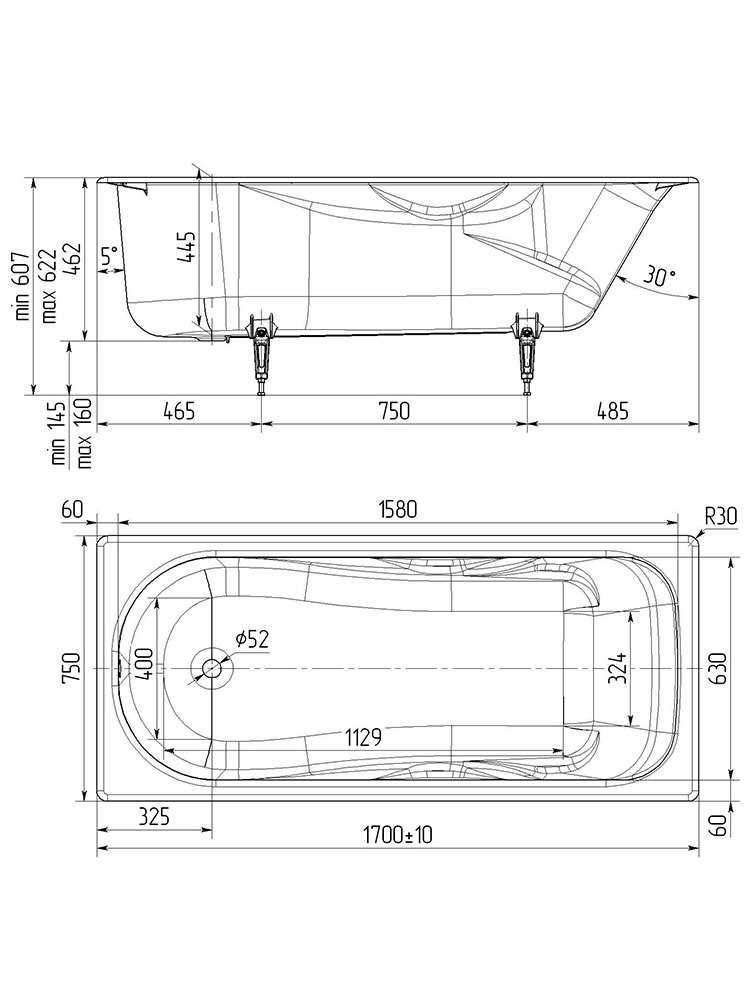 Wotte Comfort 1700х750х462 ванна чугунная c отверстиями для ручек